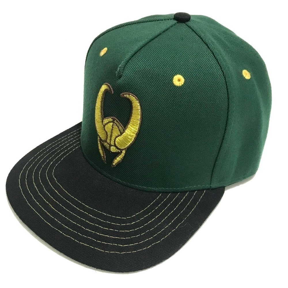 Loki Gold 3D Emblem Flat Rim Hat Green SnapBack Baseball Cap OSFM NEW - Picture 2 of 8